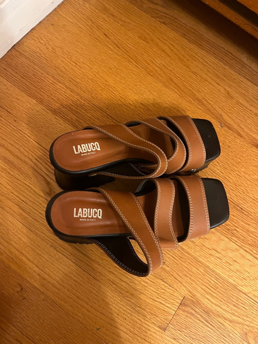 Labucq Women's Tan Brown Studded Leather Mules Sandals with Stitched Straps